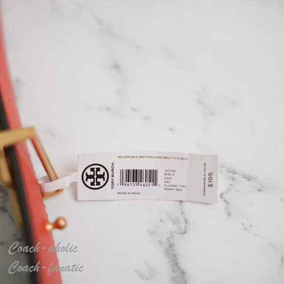 NWT Tory Burch Britten Logo Reversible Leather Belt 1.5" Width Size S Tan/poppy - Picture 2 of 4